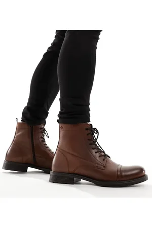 JACK & JONES Botas de cuero marrón con cordones de