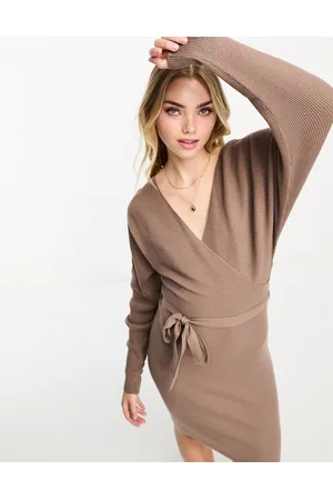 VERO MODA Vestido corto cruzado de manga larga con cinturón de punto de