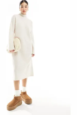 SELECTED Vestido largo color de cuello alto de punto de Femme-Blanco
