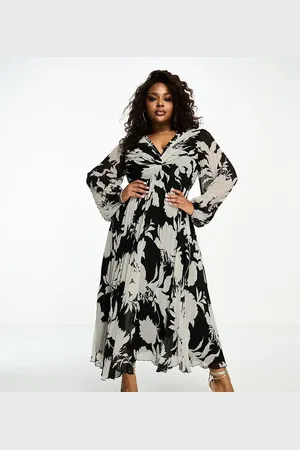 ASOS Vestido midi monocromático escotado con estampado floral y cuerpo plisado de ASOS DESIGN Curve-Multicolor
