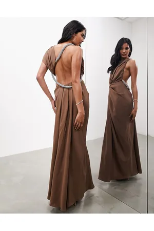 ASOS Vestido largo color moca de satén con detalle asimétrico en el cuello de cuerda de strass premium de -Negro