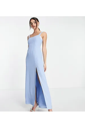 ASOS Vestido de dama de honor largo azul empolvado con escote redondeado y detalle de abertura de satén de