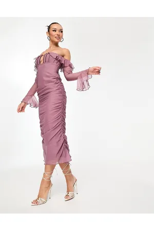 ASOS Vestido midi color con pecho estilo corsé, escote Bardot y falda fruncida de -Morado