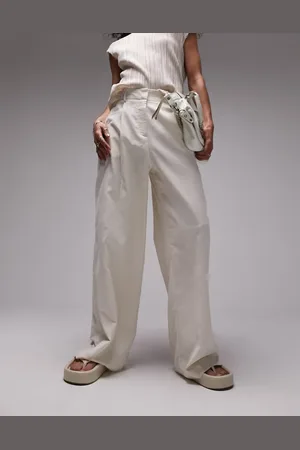 Topshop Pantalones color de pernera ancha de mezcla de lino de (parte de un conjunto)-Beis neutro