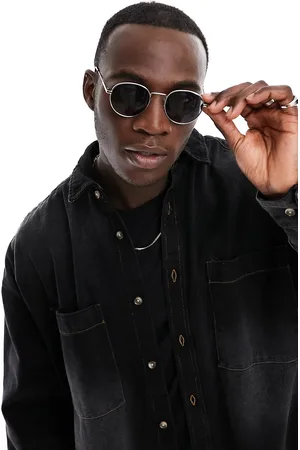 SELECTED Gafas de sol plateadas redondas con lentes negras de