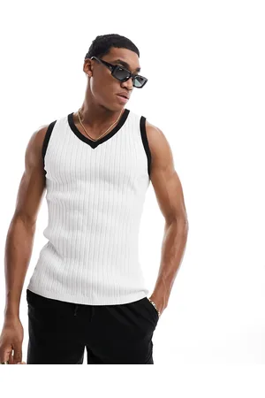 ASOS Camiseta blanca ajustada sin mangas con cuello de pico y ribetes en contraste de canalé ligero de