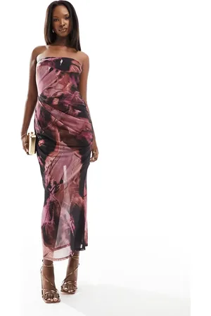 ASOS Vestido midi rosa con escote palabra de honor, estampado abstracto y corpiño drapeado de malla de -Multicolor