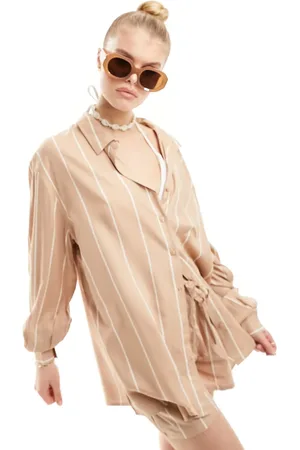 Esmée Camisa playera beis y blanca extragrande de manga larga a rayas de (parte de un conjunto)-Multicolor