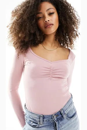 ASOS Body rosa fruncido en la parte delantera de manga larga con cuello cuadrado de