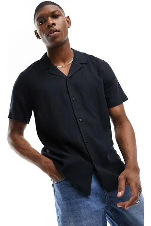New Look Camisa negra de manga corta de mezcla de lino de