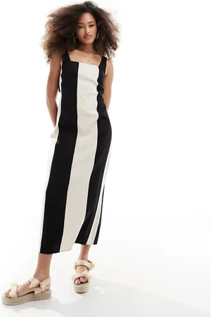 ASOS Vestido de verano midi a rayas monocromáticas anchas con escote cuadrado y lazada al cuello de lino de -Multicolor