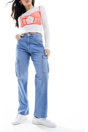 ONLY Vaqueros cargo rectos de talle alto con lavado azul claro Riley de