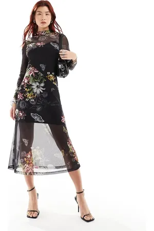 AllSaints Vestido midi con estampado floral de malla Hanna Sanibel de