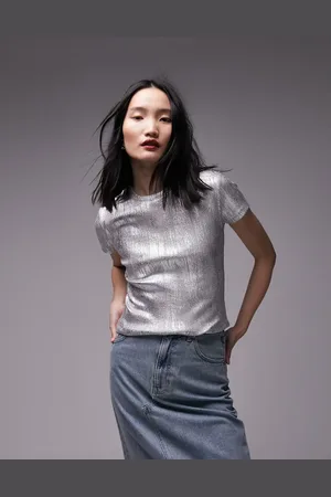 Topshop Camiseta plateada con estampado metalizado de