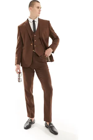 ASOS Pantalones de traje marrones de corte slim con textura de tejido panamá de mezcla de lana de Wedding-Marrón
