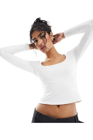 Abercrombie & Fitch Top blanco mate de manga larga con cuello ancho de tejido suave de