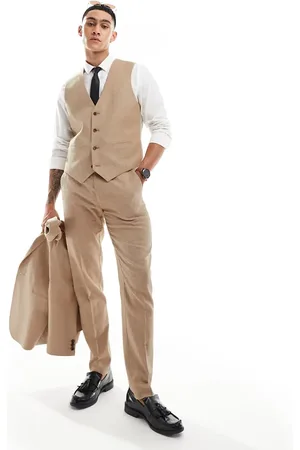 ASOS Pantalones de traje color piedra de corte slim con patrón de espiga de lino de