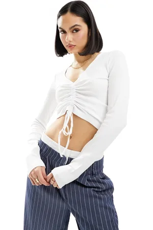 JJXX Top blanco fruncido de manga larga de canalé de