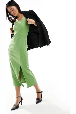 French Connection Vestido midi con escote cuadrado de canalé de