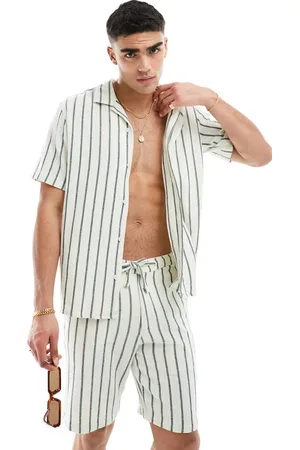 SELECTED Camisa a rayas verdes extragrande con cuello de solapas de tejido texturizado de (parte de un conjunto)