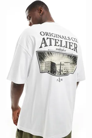 JACK & JONES Camiseta blanca extragrande con estampado "Atelier" en la espalda de