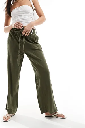 JDY Pantalones caquis de pernera ancha con cinturón de mezcla de lino de -Verde