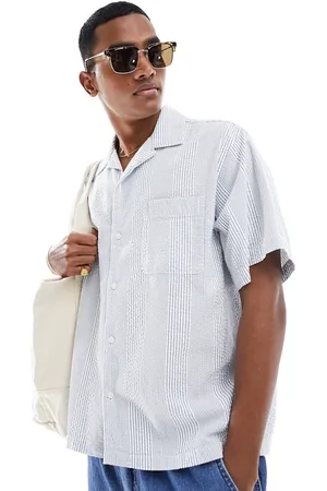 SELECTED Camisa azul a rayas de corte cuadrado extragrande de sirsaca de