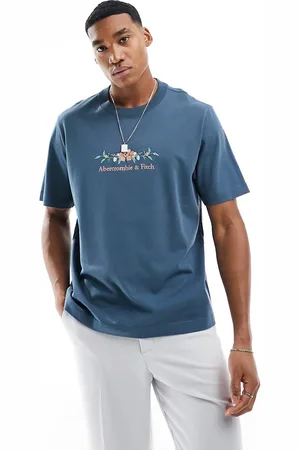 Abercrombie & Fitch Camiseta azul oscuro con bordado de logo y flores en el pecho de tejido grueso de