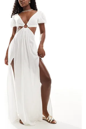 ASOS Vestido playero largo con mangas abullonadas, aberturas y detalle de anilla de