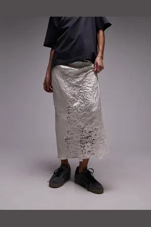 Topshop Falda midi color de satén rugoso con detalles tipo patchwork de encaje de -Blanco