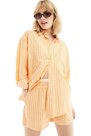 Daisy Street Camisa boyfriend naranja a rayas texturizadas extragrande de (parte de un conjunto)