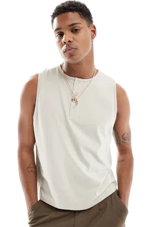 ASOS Camiseta color sin mangas con cuello redondo y detalle de botones de -Beis neutro