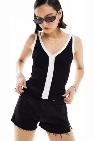 ASOS Top negro sin mangas con cuello de pico y ribetes blancos en contraste de punto de