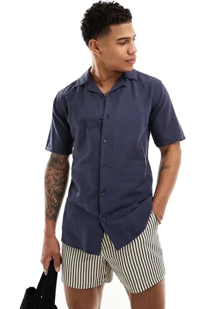 Only & Sons Camisa azul marino con cuello de solapas de mezcla de lino de