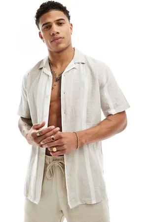 Only & Sons Camisa a rayas beis con cuello de solapas de mezcla de lino de -Beis neutro
