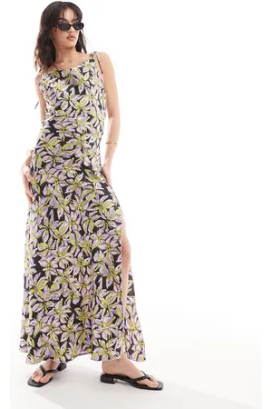 VERO MODA Vestido lencero largo con estampado morado, lazadas en los hombros y detalle de costura de satén de