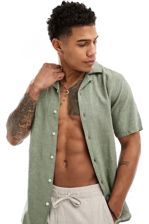 Only & Sons Camisa verde salvia con cuello de solapas de mezcla de lino de