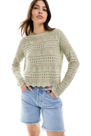 JDY Top color salvia de manga larga con cuello barco y bordado inglés de -Verde