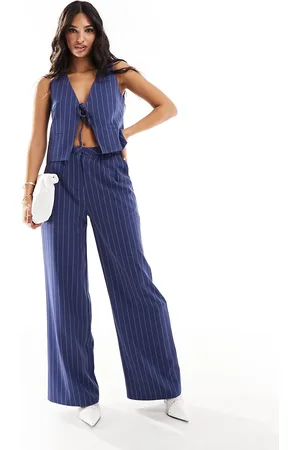 Kaiia Pantalones de sastre azules de pernera ancha con raya diplomática de (parte de un conjunto)-Azul marino