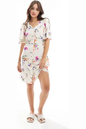 Y.A.S Vestido camisero corto color crema con estampado floral y mangas acampanadas de -Multicolor
