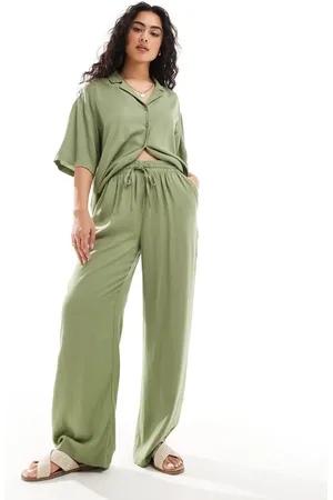 VILA Pantalones verdes de pernera ancha y lazada en la cintura de tejido efecto lino de (parte de un conjunto)