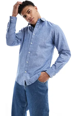 SELECTED Camisa azul de manga larga de mezcla de lino de