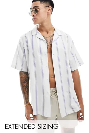 ASOS Camisa a rayas azules variadas holgada con cuello de solapas de mezcla de lino de