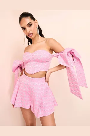ASOS Top corsetero rosa estampado con escote palabra de honor y lazadas en las mangas de jacquard de (parte de un conjunto)