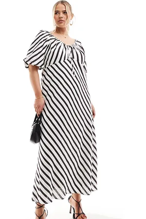 Forever New Vestido semilargo a rayas marrones y color crema con mangas abullonadas de -Multicolor