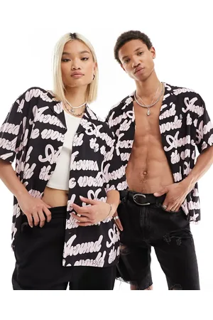 Dr Denim Camisa resort negra unisex de corte holgado con cuello de solapas y estampado integral Madi de -Negro