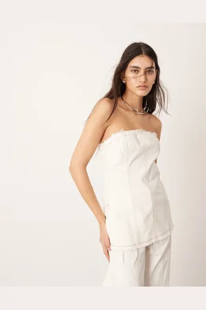 ASOS Top vaquero color con escote palabra de honor, bordes sin rematar y detalle de costuras de (parte de un conjunto)-Blanco