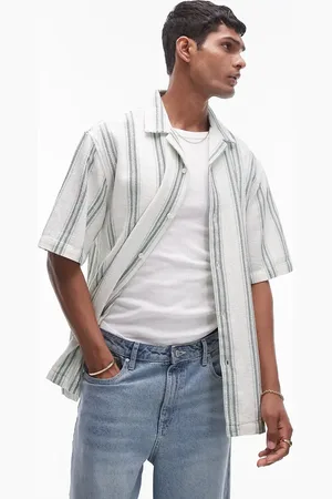 Topman Camisa a rayas verdes de manga corta de croché de