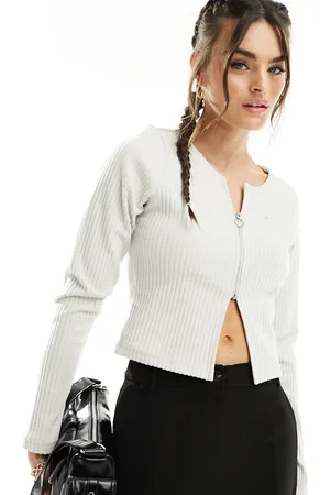 Nike Top color de manga larga con cremallera de canalé de -Blanco