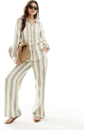 JDY Pantalones blancos a rayas verde salvia de pernera ancha de mezcla de lino de (parte de un conjunto)-Multicolor
